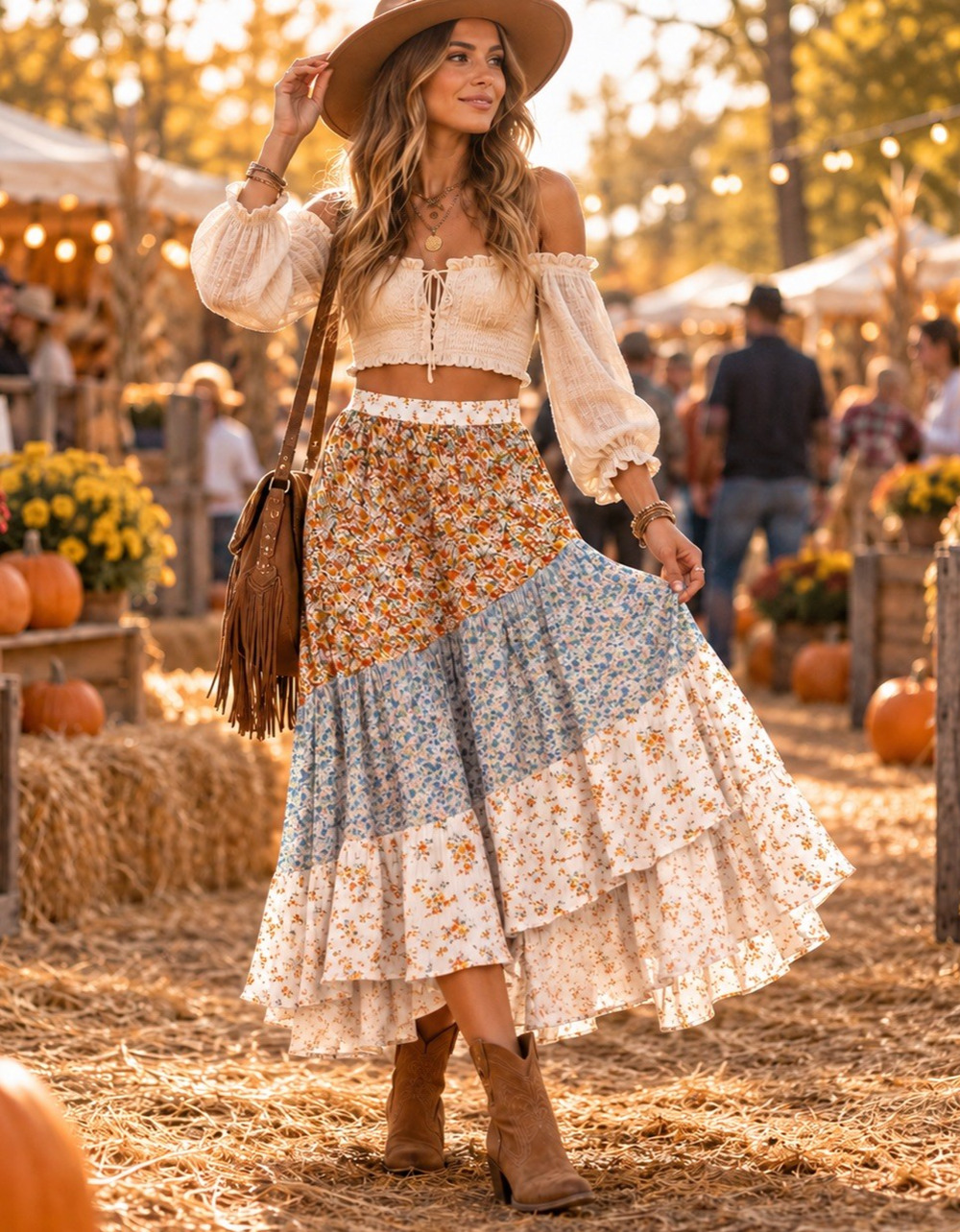 American Eagle Floral Patchwork Maxi Skirt L Boho Cottagecore Prairie Festival